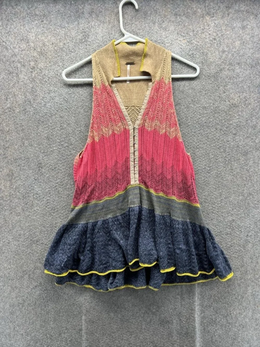 Free People Sweater Vest Womens XS Multicolor V Neck Ruffle Hem Open Knit Boho